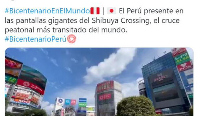 Shibuya Crossing saluda al Perú por sus 200 años. Foto: captura Cancillería