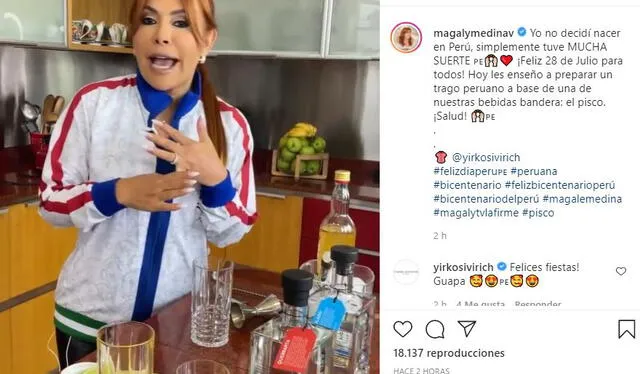 Magaly Medina celebra el Bicentenario del Perú con la preparación del pisco sour. Foto: captura Instagram