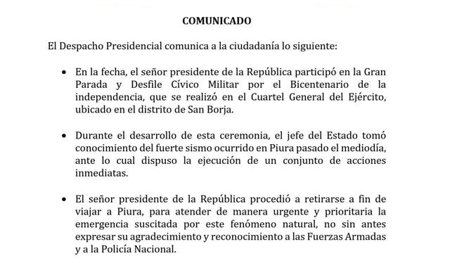 Comunicado de la Presidencia.