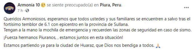 Armonía 10 envía mensaje de apoyo a sus fans por fuerte sismo en Piura. Foto: captura Facebook