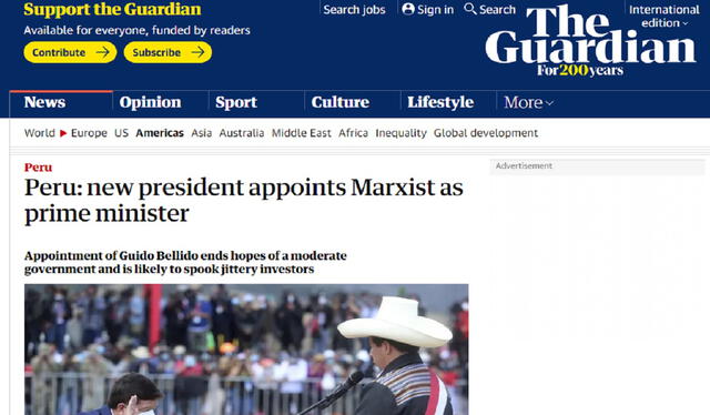 "Nuevo presidente nombra un marxista como primer ministro", tituló el periódico británico. Foto: captura de The Guardian