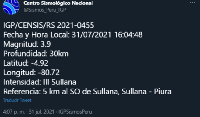 Nuevo sismo en Sullana. Foto: IGP