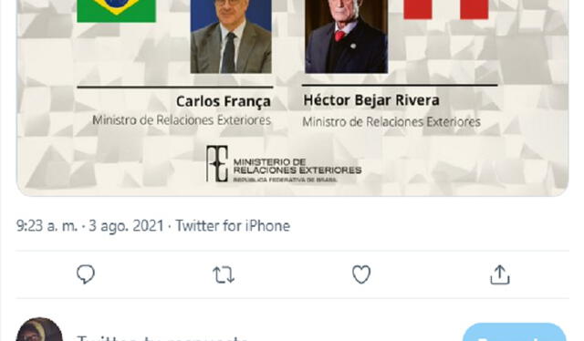 "Brasil y Perú mantienen una alianza estratégica desde 2003", resaltó el Ministerio de Relaciones Exteriores brasileño. Foto: @Itamaraty_ES/Twitter