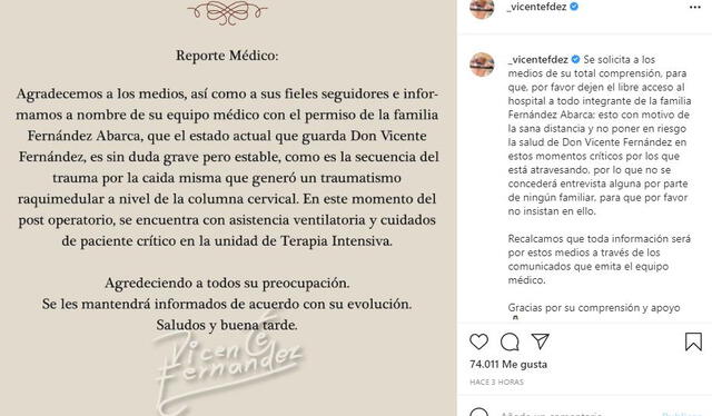 Comunicado sobre el estado de salud de Vicente Fernández. Foto: Vicente Fernández/ Instagram