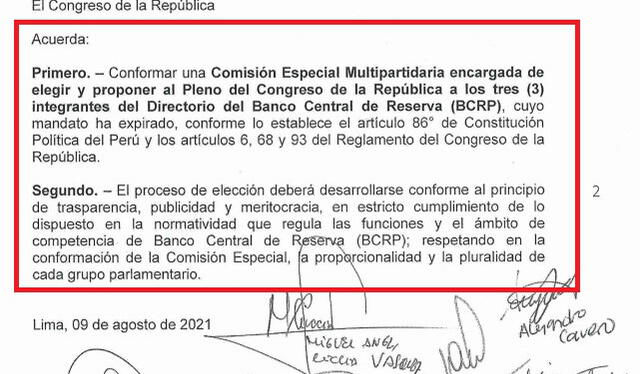 APP presenta moción en el Congreso para crear comisión que elija a integrantes del BCRP. Foto: captura/documento