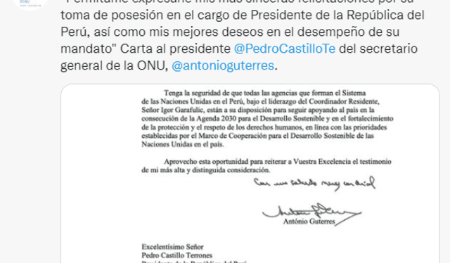 Carta al presidente Pedro Castillo del secretario general de la ONU, Antonio Guterres. Foto: Twitter