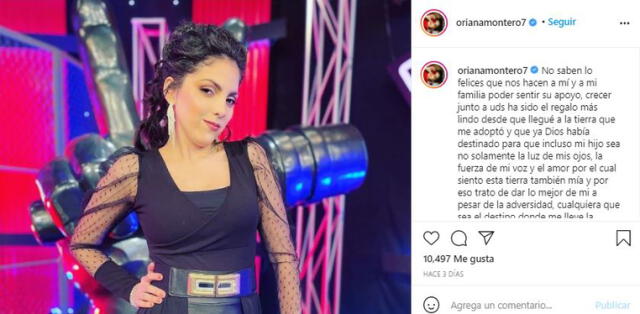 Oriana Montero agradeció el apoyo de sus seguidores. Foto: captura/Instagram