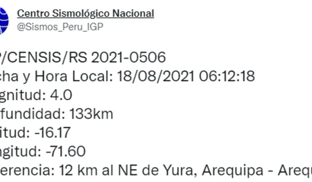 Datos del sismo en Arequipa. Foto: captura Twitter IGP