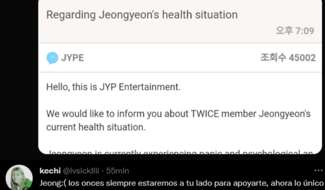 Mensajes de ONCE para Jeongyeon de TWICE. Foto: captura Twitter