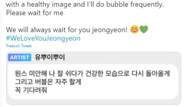 Jeongyeon y su mensaje en Bubble antes de iniciar su hiatus por salud. Foto: Twitter