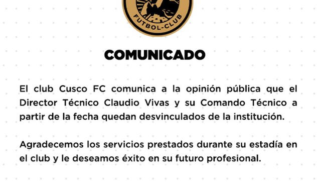 Comunicado de Cusco FC sobre Claudio Vivas Foto: Cusco FC