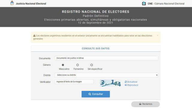 Así es la plataforma del padrón electoral de la Cámara Nacional Electoral. Foto: captura CNE