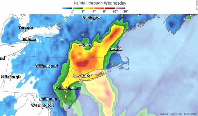 Pronóstico de precipitaciones del huracán Henri. Foto: CNN