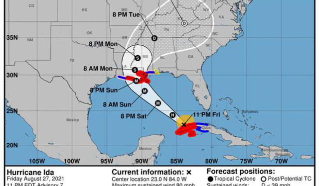 La trayectoria del huracán Ida. Foto: AFP