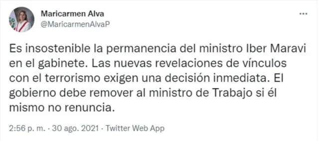 María del Carmen Alva pide la renuncia de Iber Maravi del Ministerio de Trabajo. Foto: captura/Twitter