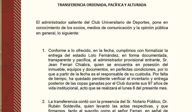 Comunicado del club sobre transferencia de bienes. Foto: @Universitario/Twitter