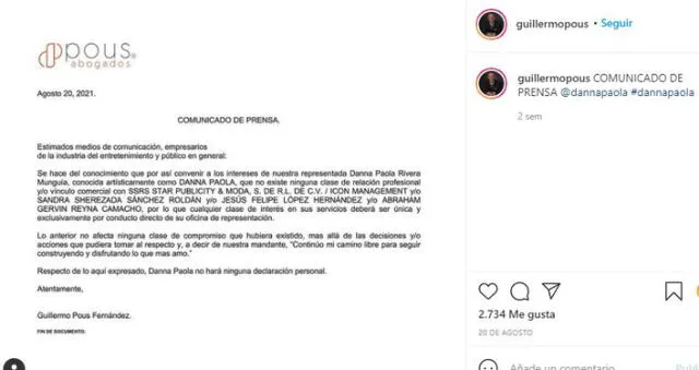 Abogado de Danna Paola anunció que la artista dejó de trabajar con exrepresentantes. Foto: Instagram