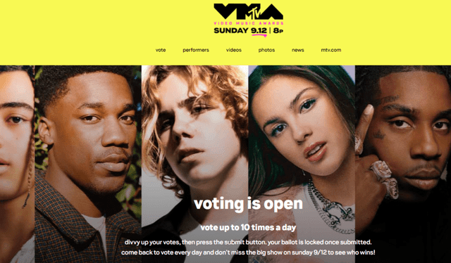 La lista de los nominados a las distintas categorías de los MTV VMA's 2021 está encabezada por Ariana Grande, Taylor Swift, Justin Bieber, Lady Gaga, entre otros. Foto: Página web de MTV VMA