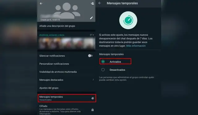Mensajes temporales en WhatsApp. Foto: captura de WhatsApp
