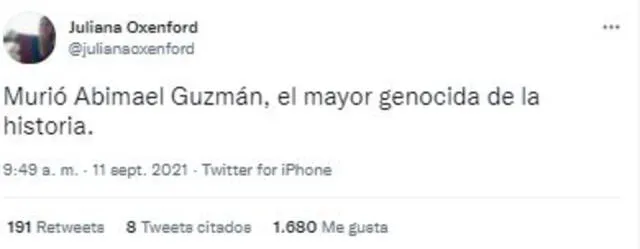 Juliana Oxenford reacciona a la muerte de Abimael Guzmán. Foto: Juliana Oxenford/ Twitter