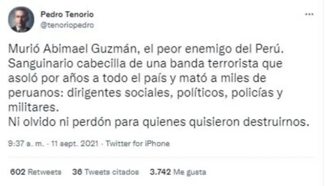 Pedro Tenorio reacciona a la muerte de Abimael Guzmán. Foto: Pedro Tenorio/ Twitter