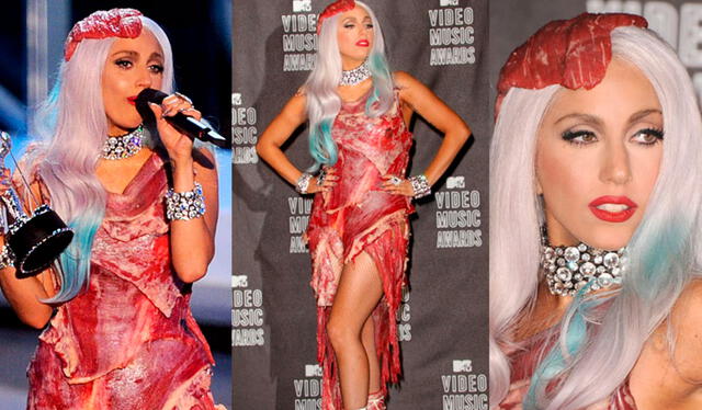 En la edición 2010 de los MTV Video Music Awards, Lady Gaga llamó la atención con un vestido hecho de carne cruda. Foto: MTV Vmas