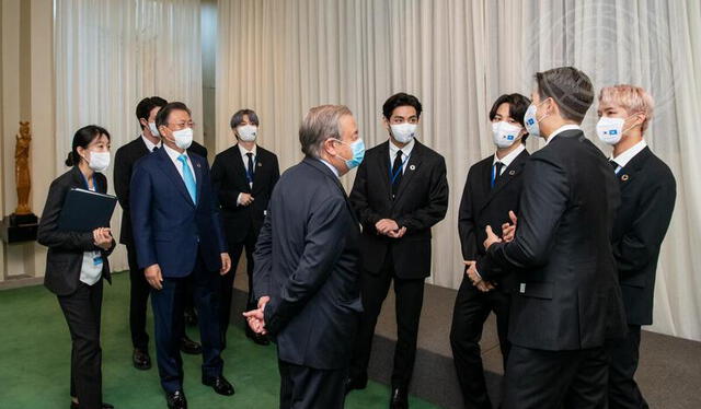 BTS junto al Secretario General de la ONU y al presidente Moon. Foto: website ONU