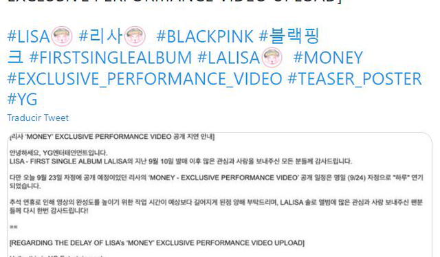 Comunicado de YG sobre "Money" Exclusive performance. Foto: captura