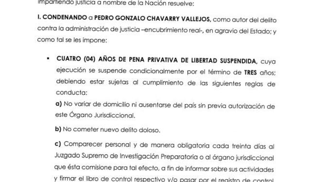 Sentencia emitida contra Pedro Chávarry por encubrimiento real.