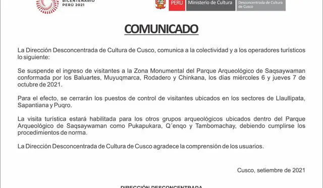 Dirección Desconcentrad de Cultura de Cusco emitió comunicado. Foto: difusión