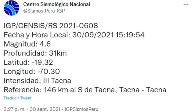 Datos del sismo en Tacna. Foto: IGP