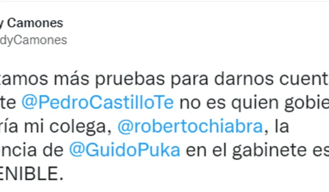 Tuit de Lady Camones sobre Guido Bellido. Foto: captura de Twitter