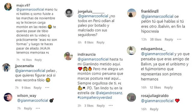 Usuarios de Instagram opinan ante comentario de Gian Marco en publicación de Residente sobre J Balvin. Foto: composición/capturas de Instagram/Residente