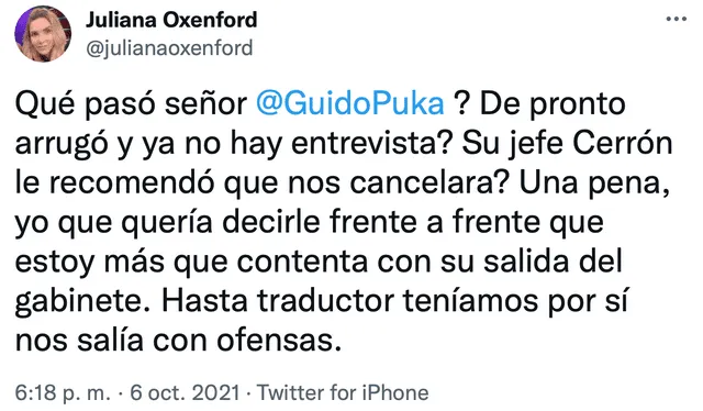 La periodista Juliana Oxenford recurrió a sus redes sociales para informar que entrevistará a Guido Bellido, pero luego de su renuncia al PCM teme que no logre hacerlo. Foto: Captura / Twitter