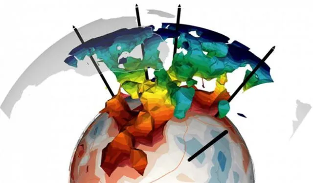 Ramificaciones (plumas) que emergen desde la estructura caliente debajo de África. Imagen: M. Tsekhmistrenko et al.