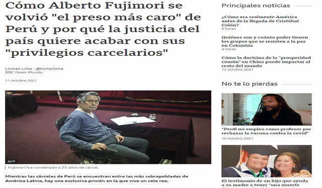 Así tituló el medio británico sobre el estatus carcelario de Alberto Fujimori. Foto: captura de BBC