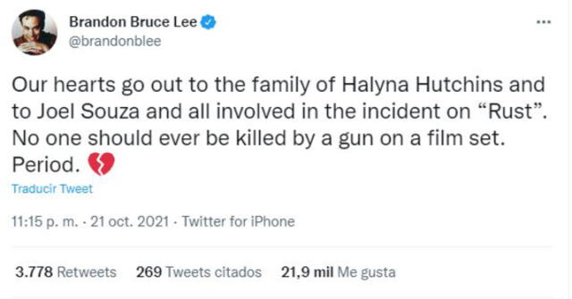 Alec Baldwin: familia de Brandon Lee pide que nadie sea asesinado en un set de filmación. Foto: captura Twitter