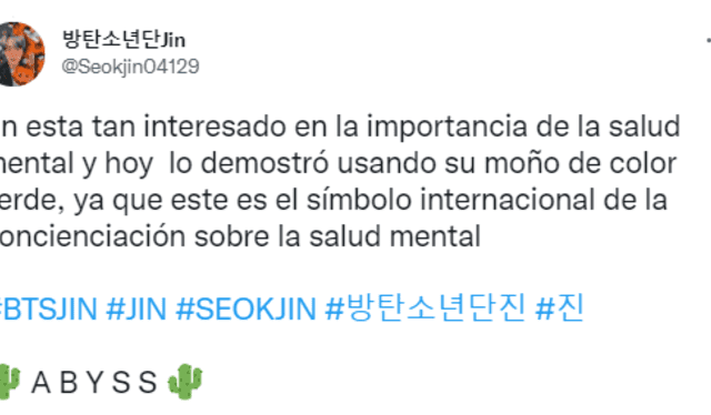 ARMY lanza teoría al significado detrás del listón verde de Jin. Foto: captura/Twitter