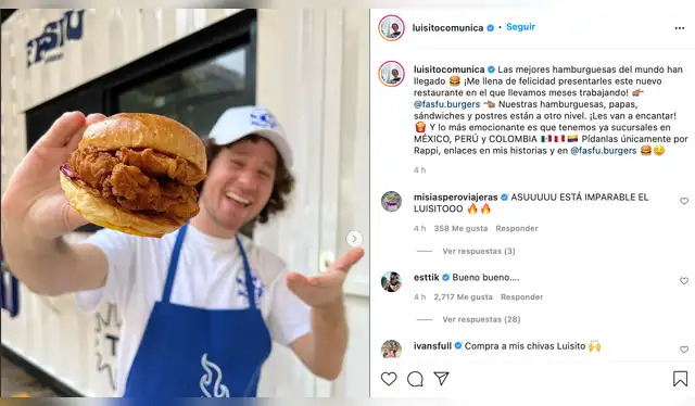 El Youtuber mexicano se mostró emocionado de abrir su cuarto Restaurante. Foto: Instagram / @luisitocomunica