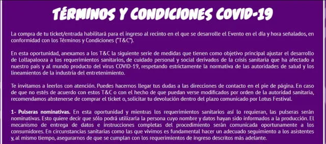 Términos y condiciones sobre prevención de la COVID-19 en el Lollapalooza Chile 2022. Foto: captura de Punto Ticket