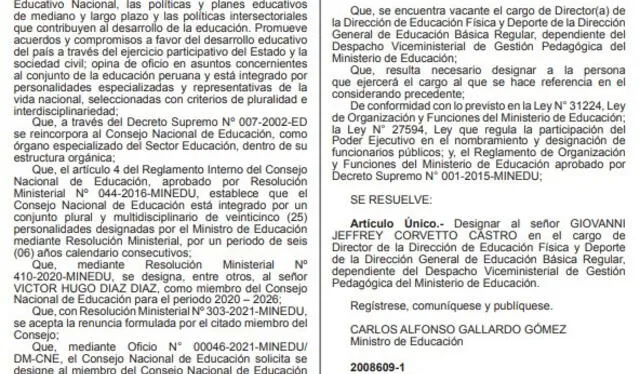 La Resolución Nº 421-2021-MINEDU designa a Juan Cadillo como miembro del Consejo Nacional de Educación. Foto: diario oficial El Peruano