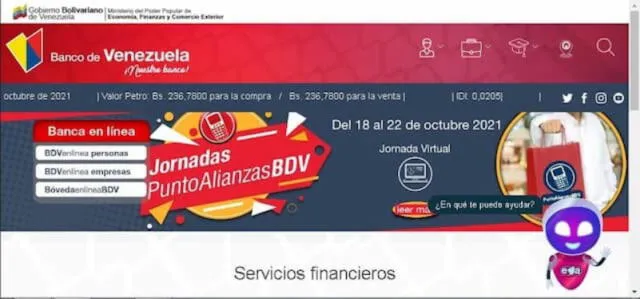 Parte de la interfaz del BDV. Foto: web del Banco de Venezuela