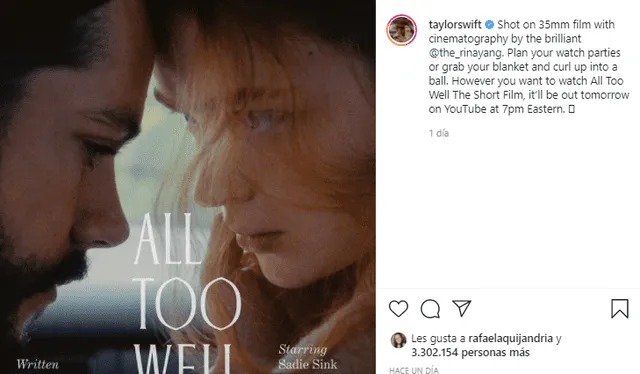 El cortometraje de "All too well" tendrá como protagonistas a Sadie Sink y a Dylan O’brien. Foto: Taylor Swift/Instagram