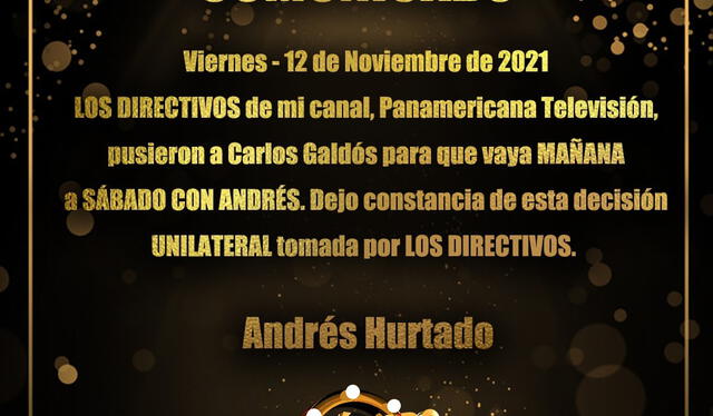 12.11.2021| Publicación de Andrés Hurtado sobre Carlos Galdós. Foto: captura Andrés Hurtado / Facebook