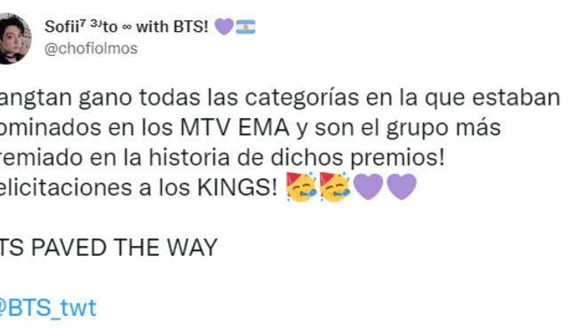 Reacción de ARMY ante los premios de BTS en los MTV EMA 2021. Foto: captura/Twitter