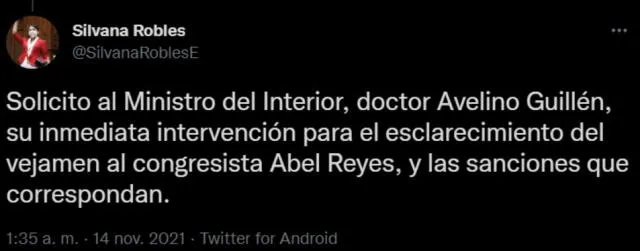 Silvana Robles se solidarizó con su compañero de bancada Abel Reyes Cam. Foto: Captura de Twitter