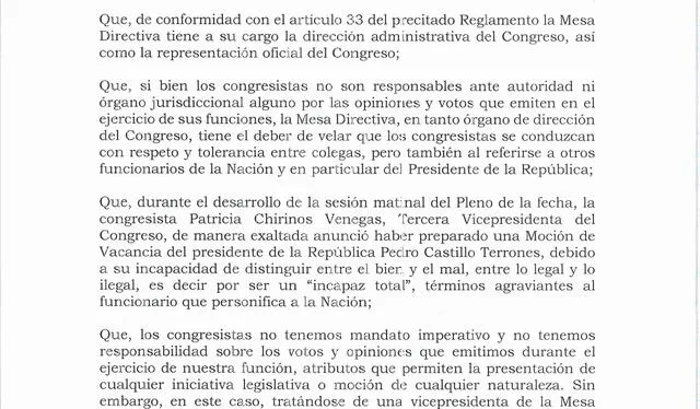 Bancada de Perú Libre presenta moción de censura contra Patricia Chirinos Imagen: Documento oficial del Congreso