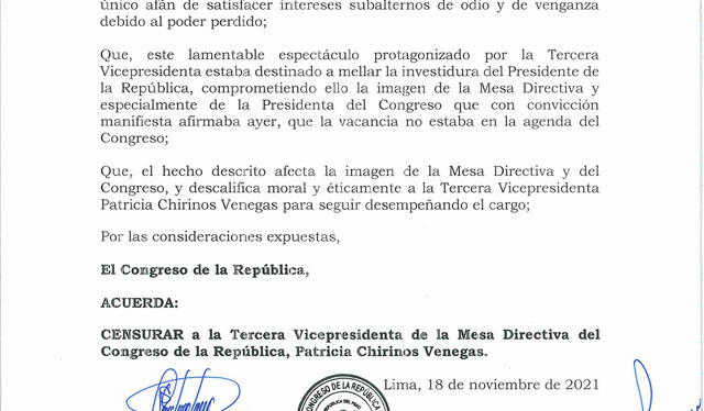 Bancada de Perú Libre presenta moción de censura contra Patricia Chirinos Imagen: Documento oficial del Congreso