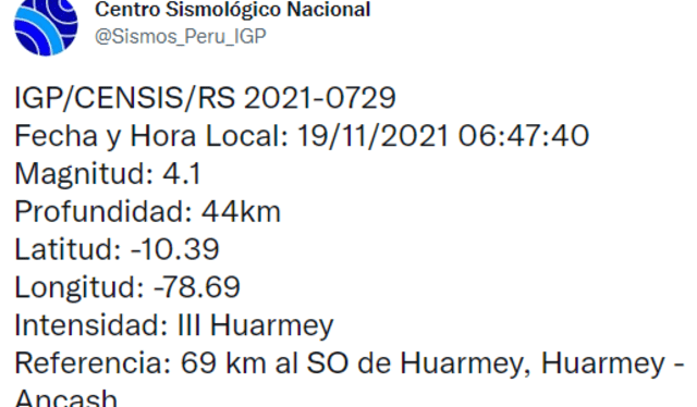 Datos del sismo en Áncash. Foto: captura Twitter IGP