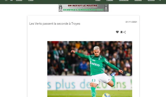 Portal francés resaltó el golazo de Trauco con la camiseta del Saint Étienne.